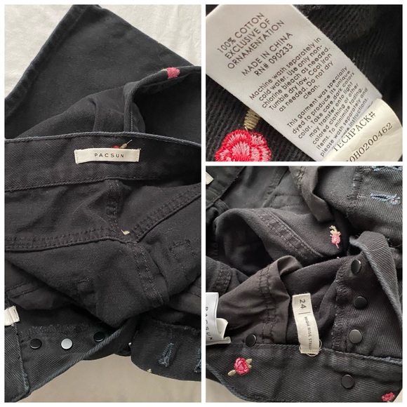 PacSun Rose Embroidered Black High Waisted Straight Leg Jeans - Picture 4 of 13